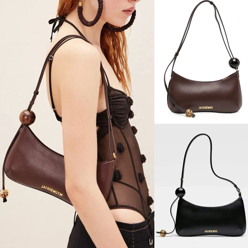 French Jacquemus Genuine Leather Shoulder Bag, Fashionable Envelope Bag, Simple Baguette Round Bead Handbag for Women