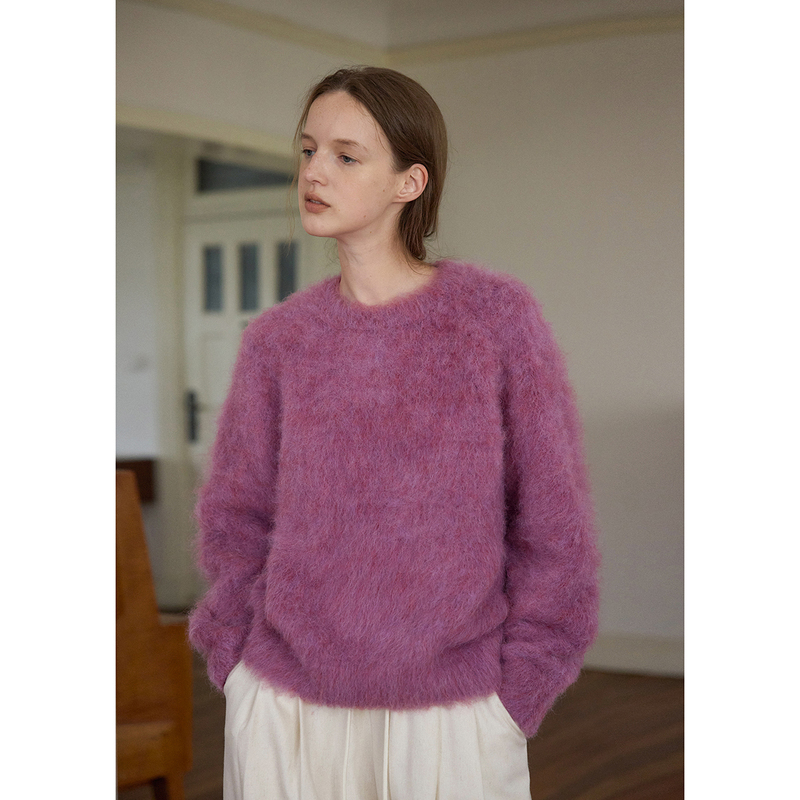 Nice People2025Aw Heavyweight Alpaca Wool Iridescent Purple Crew Neck Pullover Long Sweater