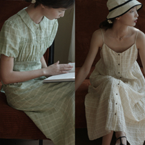 nicepeople coffee break French retro dress womens green short-sleeved waist wrinkled gentle suspender skirt