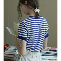 nicepeople blue and white striped T-shirt womens summer loose retro sea soul shirt pure cotton French half-sleeved T-shirt thin section