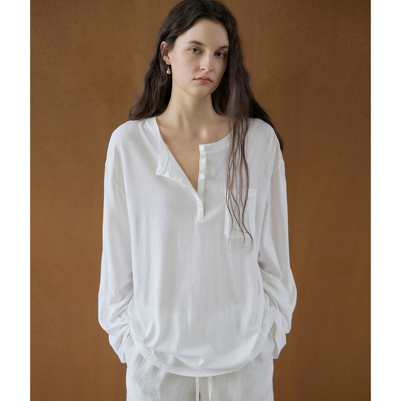 Nice People2026Ss Linen Cotton Snowflake Texture Fine Stripes Relaxed and Transparent Henry Collar T-Shirt Blouse