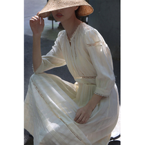 2021 summer new gentle retro heavy-duty lace stitching dress womens mid-waist loose bubble sleeve skirt