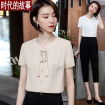 White shirt women's 2020 spring and summer new Korean fashion short sleeve shirt foreign style loose bow coat bottoming shirt