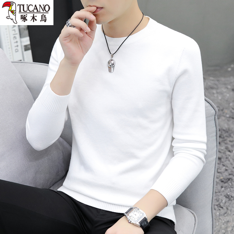 Woodpecker Spring and Autumn Thin Sweater for Men, Round Neck, Solid White, Inner Knit Top, Winter Slim-Fit Base Shirt