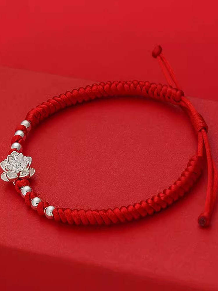999 Pure Silver Good Luck Bracelet for Women, Silver Lotus Seed Pod Fortune Bead Bracelet, Woven Red String Bracelet Jewelry