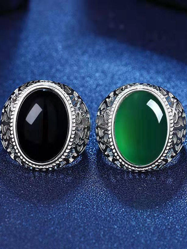 925 Silver Emerald Agate Obsidian Men's Personalized Bold Adjustable Ring Green Chalcedony Vintage Gift for Father