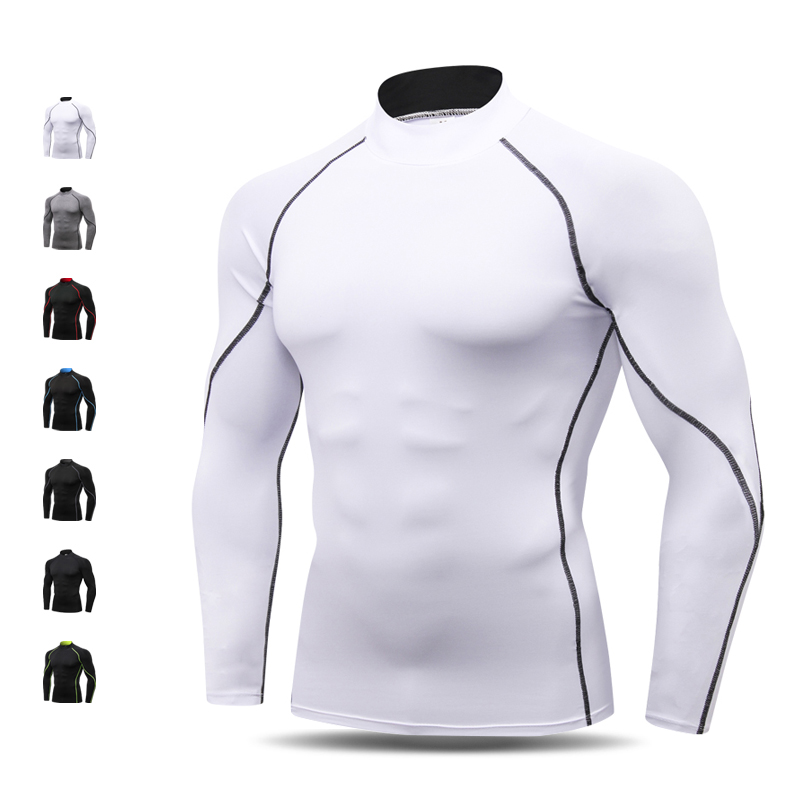 Autumn Winter High Collar Sports Tight Clothing Men's Long Sleeve Speed Dry Jersey Basketball Football Training Suit Fitness Running Hit Bottom Blouse