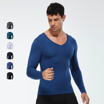 Winter plus velvet sports long sleeves tight clothing mens V collar suction sweat quick dry high play training to wear warm and gym clothes