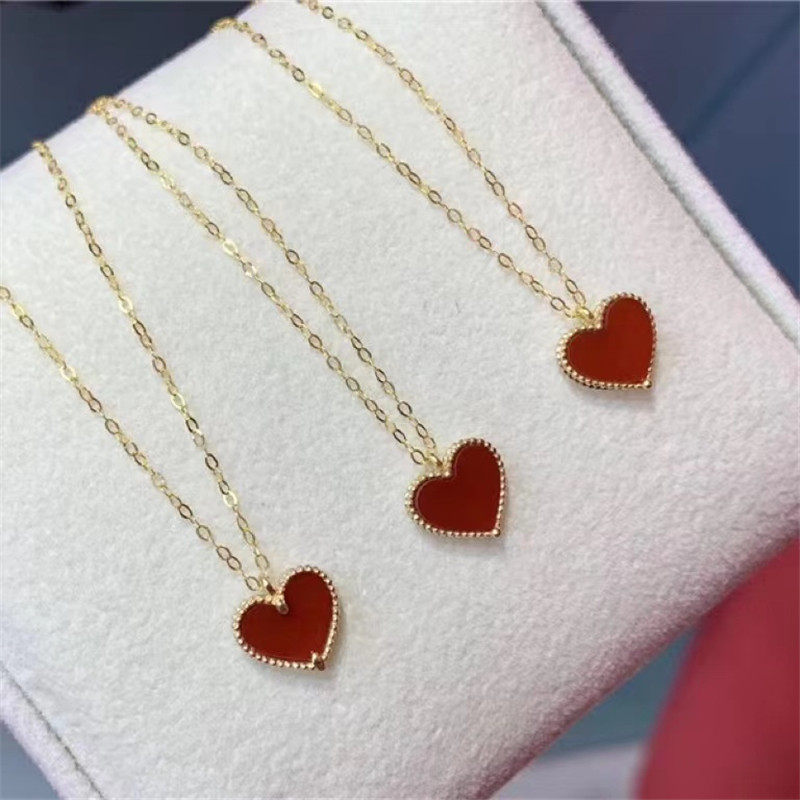 Little red love-shaped 18k yellow gold red agate ear needle necklace hand set birthday gift classic festive fresh