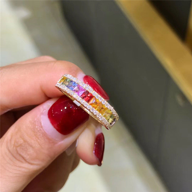 Rainbow colorful 1 45 carat colored gemstones 30 minutes diamond 18K gold thick inlaid ring obvious skin