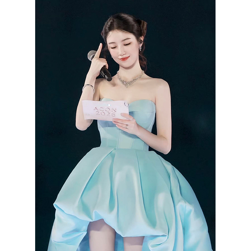 Blue Strapless Evening Dress, Short in the Front and Long in the Back, Similar to Those Worn by Celebrities Like Ye Shuhua, Suitable for Hostess, Annual Meeting, Solo Performance, Coming-Of-Age Ceremony, and Birthday Blue Strapless Evening Dress, Short in the Front and Long in the Back, Similar to Those Worn by Celebrities Like Ye Shuhua, Suitable for Hostess, Annual Meeting, Solo Performance, Coming-Of-Age Ceremony, and Birthday