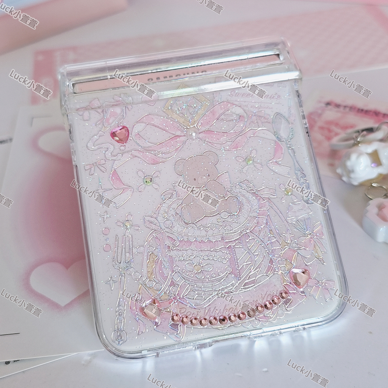 Cute Girly Ribbon Bear Phone Case Suitable for Samsung Z Flip 7/8/ 50% off Foldable Phone, Motorola Razr 60, Epoxy Vivox Case, Oppo N3, Huawei Purax/Nova, Xiaomi Mix Flip 2