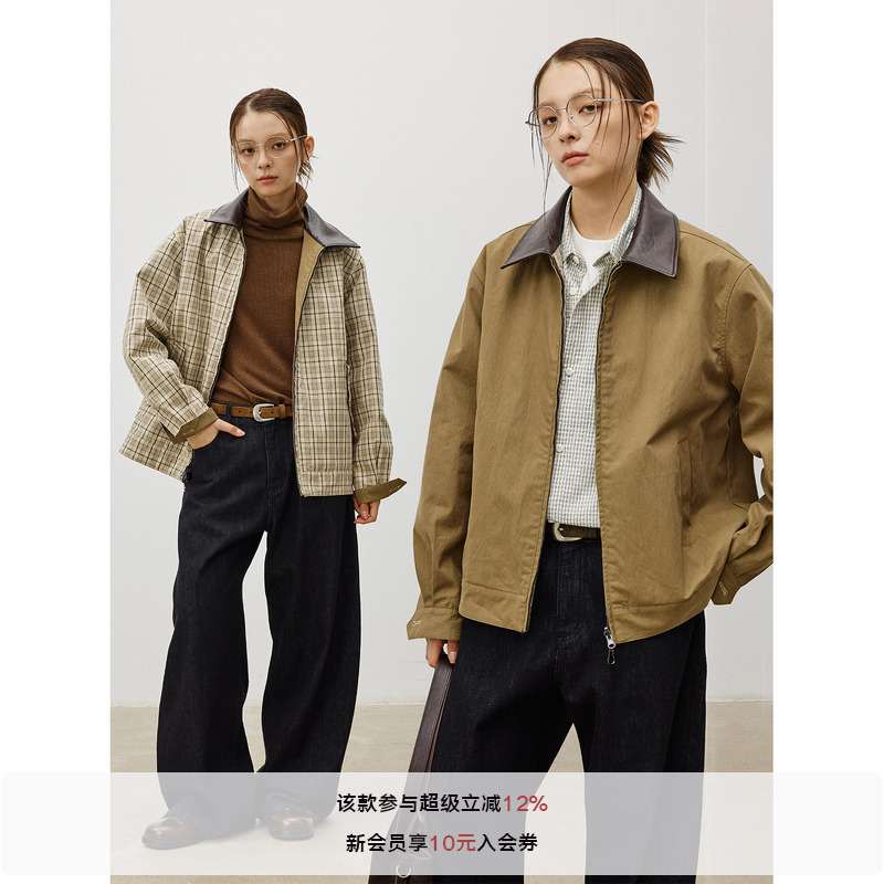 Lr Made One-Piece, Two-Way Wear Solid Color/Plaid Pattern Optional Padded Contrast Color Leather Collar Vintage Jacket