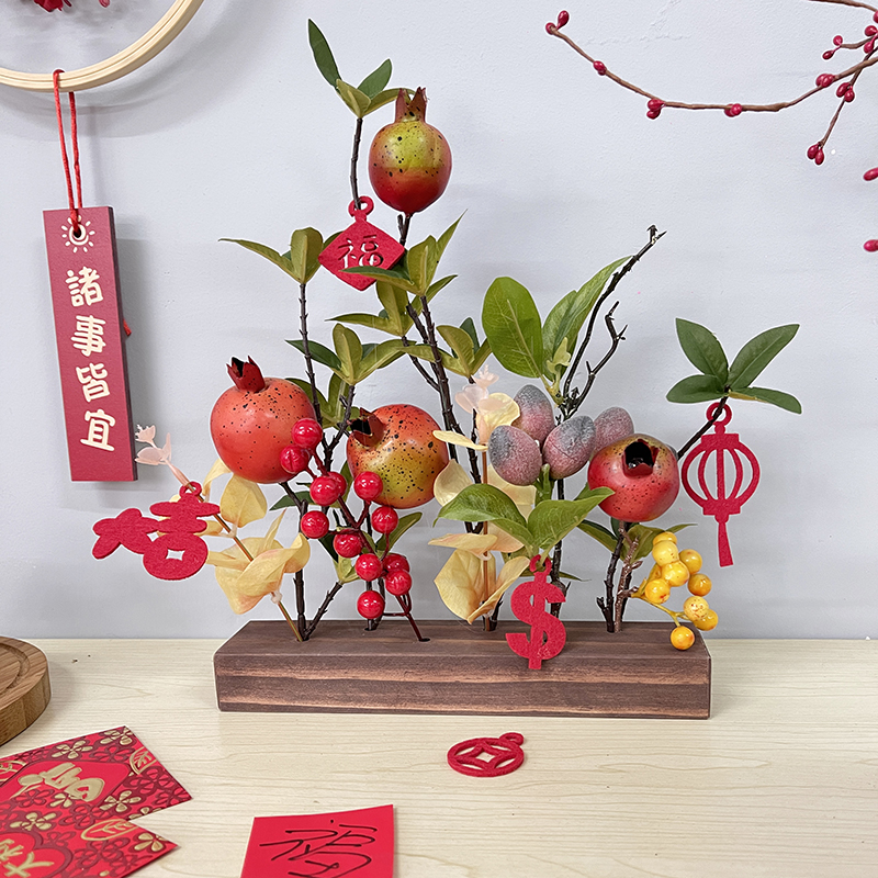 Retro fake flower emulation flower bouquet furnishing living room Xuanguan DIY New Year Spring Festival decorations Green-planted small potted wood pendulum pieces