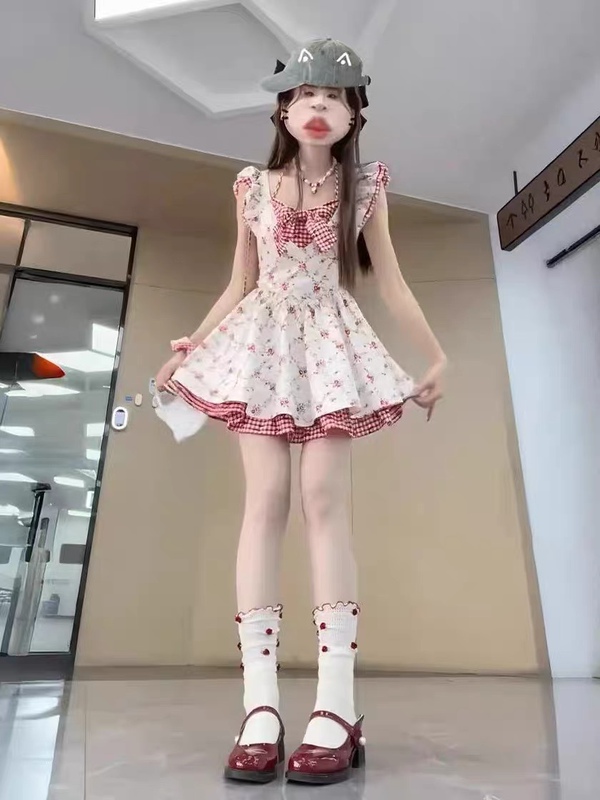 Japanese-Style College Style Sweet Bow-Knot Patchwork Dress for Petite Female Students, Slimming and Flattering Summer Floral Dress