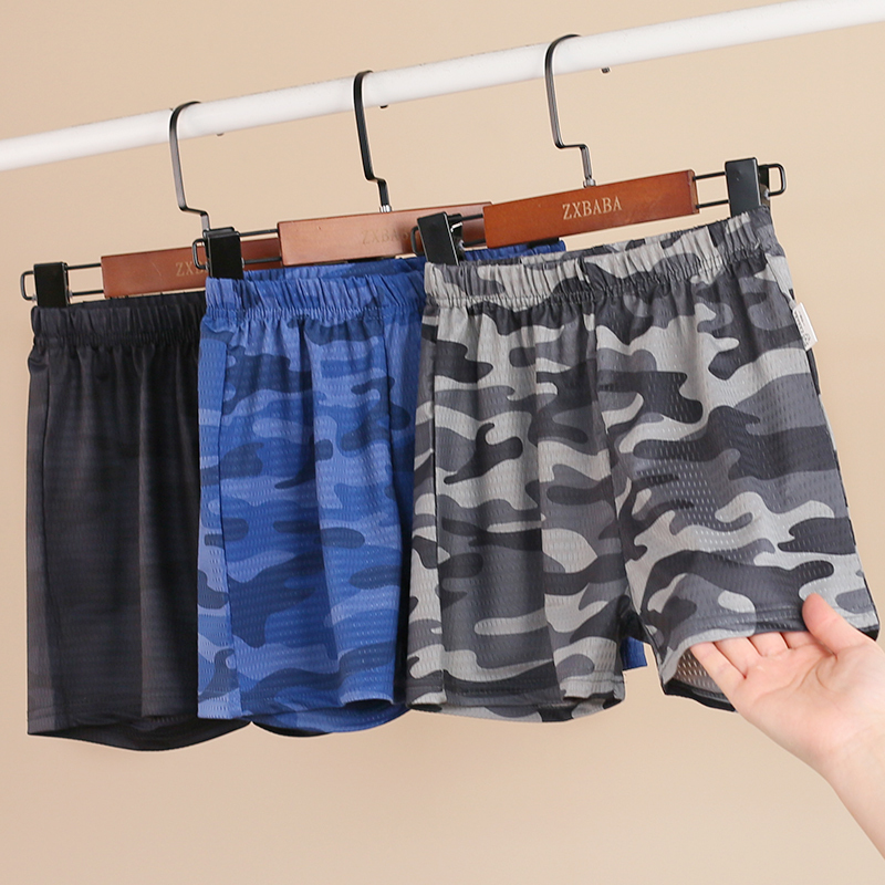 Children's Quick-Drying Ice Silk Sports Shorts, Summer Boys' Breathable Camouflage Three-Quarter Pants, Mesh Casual Mid-Length Pants for Older Children