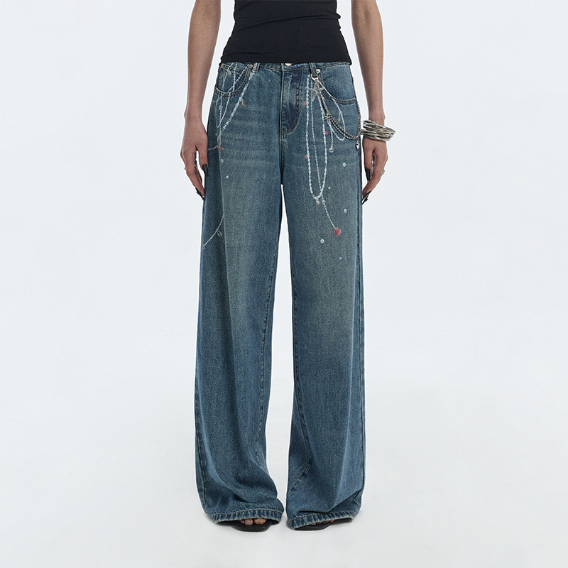 Ourhour Ocean Pants Chain Print Dark Blue Holiday Style 3D Beaded Loose Jeans Women's Summer Design Pants