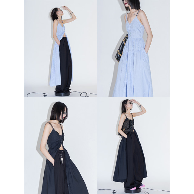 ourhour backless high waist placket style single-breasted button pleated sling dress women's summer design sense long skirt