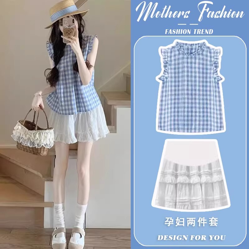 British Dhwa Maternity Wear Summer New Fashion Stylish Round Neck Plaid Sleeveless Thin Top and Short Skirt Two-Piece Set