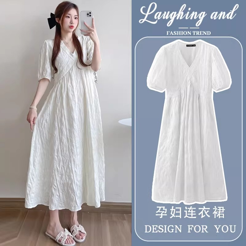 British Dhwa Maternity Wear Summer New V-Neck Loose Dress Thin Style French Style Early Pregnancy Outfit