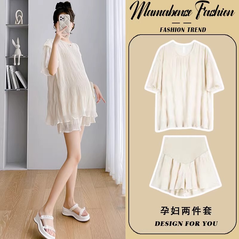 British Dhwa Maternity Wear Summer New Fashion Stylish and Elegant Thin Textured Top and Shorts Set