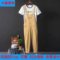 Printing custom logo tide men and womens conjoined leisure ankle-length pants slim Korean version of small feet pants working clothes suspenders youth