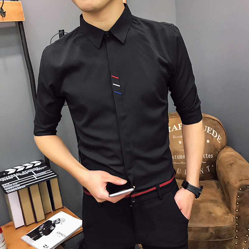 中袖衬衣男夏季薄款短袖韩版修身型潮男士弹力发型师五分袖衬衫