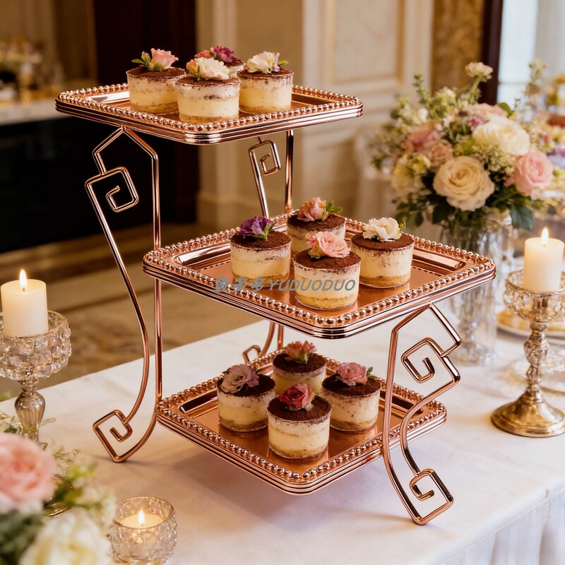 European-Style Rose Gold Three-Tier Dessert Plate, Wedding Party Dessert Table, Hotel Buffet Silver Cake Stand