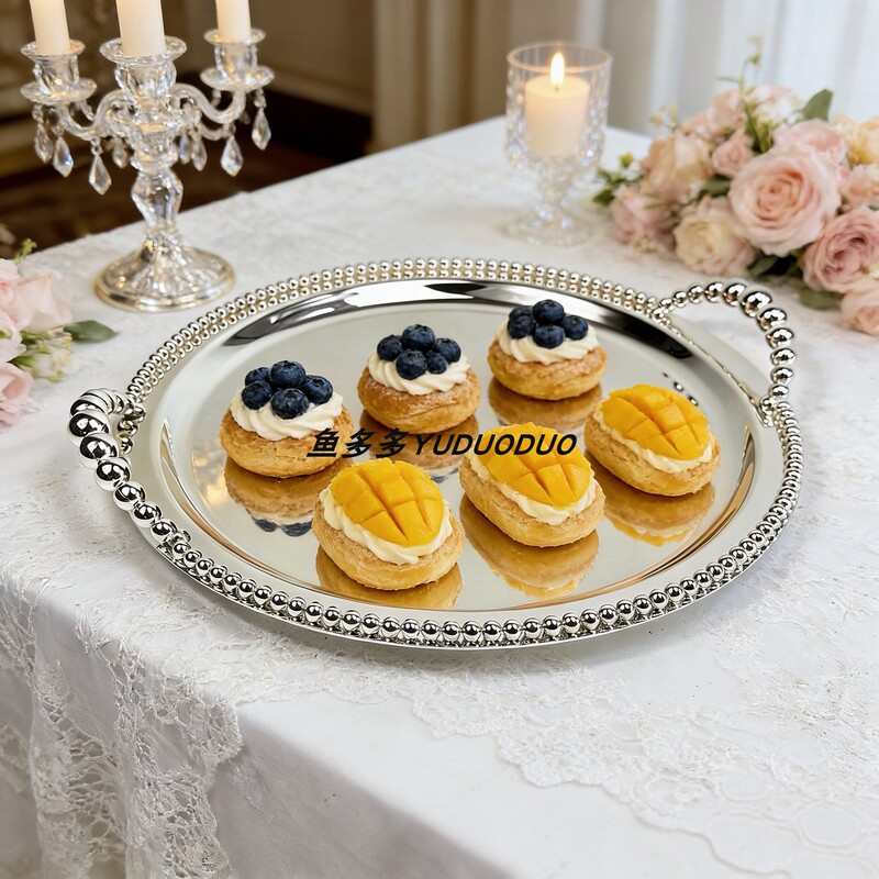 Silver-Plated European-Style Silver-Plated Round Afternoon Tea Tray Hotel Buffet Baking Pastry Cake Tray 35Cm30Cm