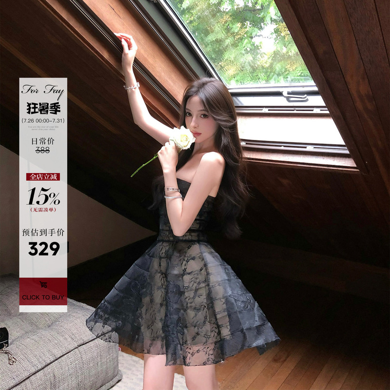 For Fay Handmade Rose Applique Black Lace Gauze Dress Women's High-End Waist-Cinching Strapless Dress Tutu Skirt