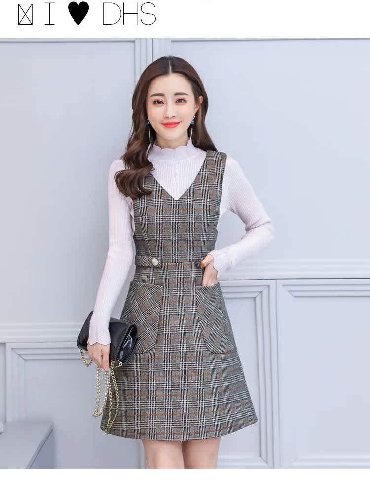 V cổ áo len kẻ sọc vest váy mùa thu và mùa đông mới lớn kích thước của phụ nữ cao eo là mỏng Một dây đeo từ váy váy triều đầm xòe ngắn