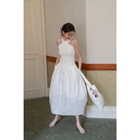 EGGKA French cross-collar lace-up white dress for women, summer resort style sleeveless slimming A-line long dress