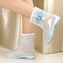 Mid-tube rain boots womens spring and summer outer wear non-slip rubber boots fashion youth cute thickening can add fleece socks edge water shoes