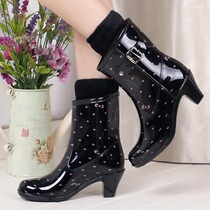 High-heeled fashion rain boots womens water shoes rain boots spring summer autumn and winter four seasons can add fleece warm water boots non-slip rubber shoes overshoes