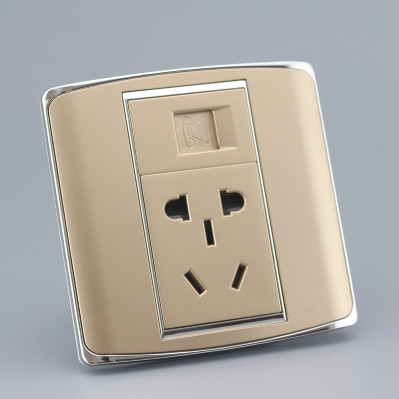 Champagne 86 Type Phone With Five Holes Power Socket Panel National Standard Small Five Holes Plugged Power with Phone 4 Core socket