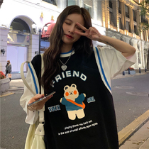 Fake two-piece short-sleeved t-shirt womens 2021 new summer pure cotton Harajuku wind loose Korean ins tide half-sleeve top