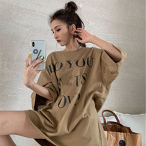 2021 new summer European goods Big version brown T-shirt womens short sleeve loose Harajuku wind half sleeve body shirt long