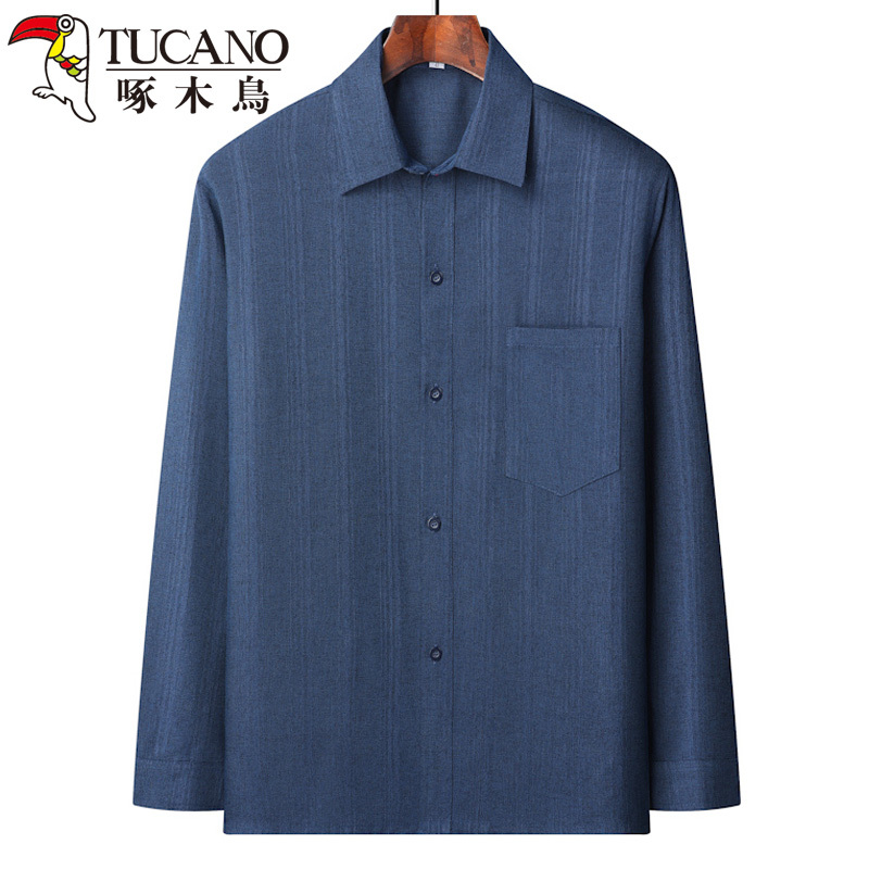 Woodpecker Men's Long-Sleeved Shirt Set for Middle-Aged and Elderly Fathers, Tops for 60 to 80-Year-Old Grandfathers, Early Autumn Cotton Shirts