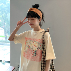 Real shooting summer versatile pattern printed short sleeve T-shirt women's versatile loose top