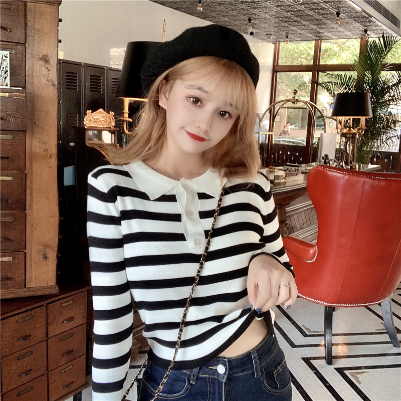 Real time T-shirt autumn Lapel stripe long sleeve t-shirt female polo collar