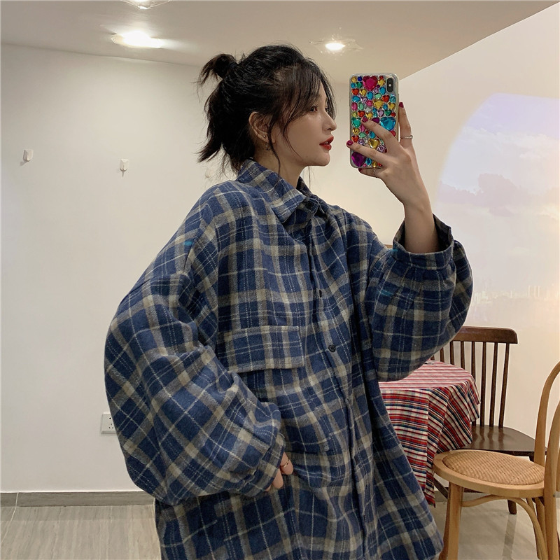 Real shot sanding thickened Plaid Lapel long sleeve shirt women's loose and lazy shirt