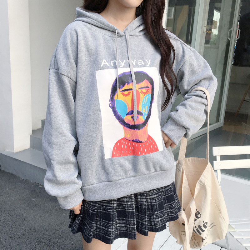 VK旗艦店 韓系抽象畫人物紋印花連帽T恤套頭長袖上衣