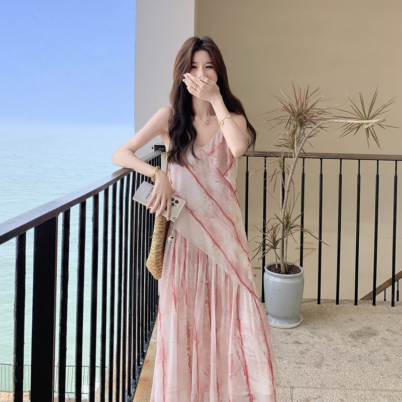 Pink Tie-Dye Printed Suspender Dress for Women, New Summer Style, French Style, Stunning and Super Beautiful, Vacation Style Beach Long Dress