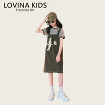 LOVINA Girls Dress 2024 Summer New Childrens Short Sleeve Skirt Fashionable Girls Suspender Skirt Suit