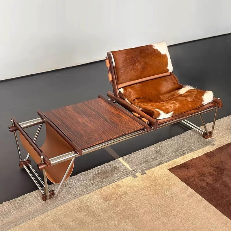 Vintage Leisure Chair, High-End Retro Bench, Bauhaus Designer Style, Cowhide Leather Coffee Book and Newspaper Chair for Study or Balcony
