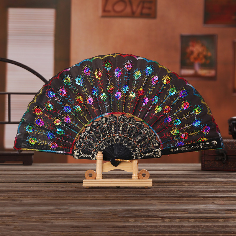 Seven Wing Spring Fan Dancing to fan Fans Lace Cloth Fan National Jazz Women Props Fan Peacock Sequin to open and close