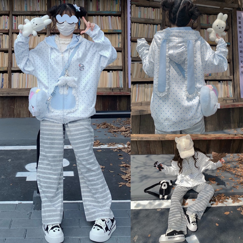 Original Design Cute Japanese-Style Color-Blocked Five-Pointed Star Large Bunny Ears Hooded Lace Sweatshirt Cardigan Loose Fit Original Design Cute Japanese-Style Color-Blocked Five-Pointed Star Large Bunny Ears Hooded Lace Sweatshirt Cardigan Loose Fit