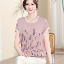 2024 New Ocean Qi Middle-aged Mom Summer Clothing Short Sleeve T-shirt Mid Aged Woman Blouse 50 Year Old Noble Knit Cardiovert