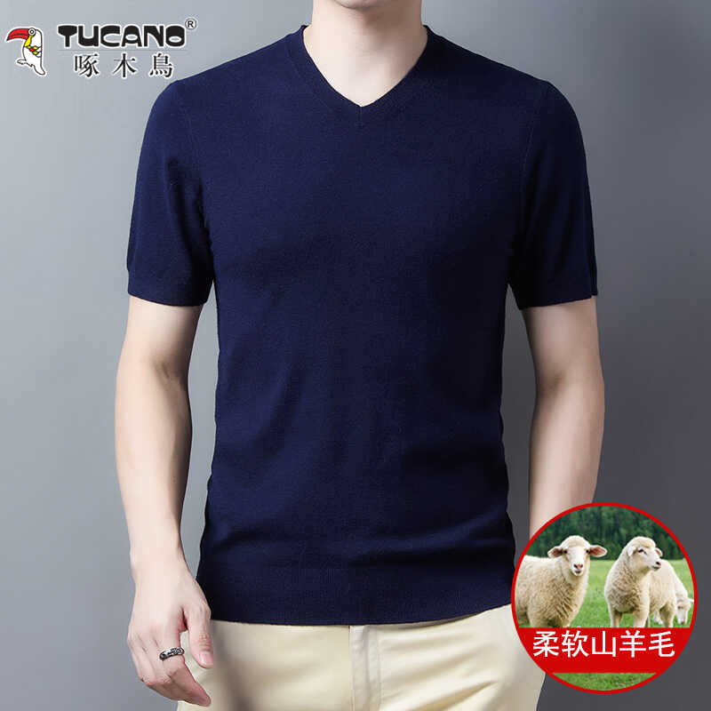 Woodpecker Fine-Spun Wool Sweater Men's Short-Sleeved V-Neck Sweater Slim-Fit Knitted Base Shirt Sweetheart Neckline T-Shirt Solid Color