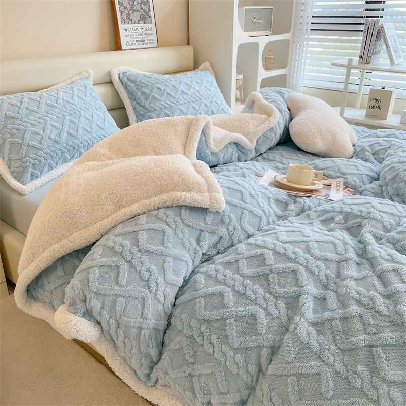 Winter thickened warm lamb suede four pieces of double sided plus suede quilt cover flannel bed linen milk velvet speed warm bed 